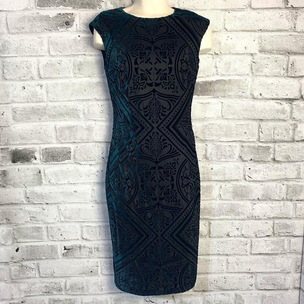 Vince Camuto Green Velvet Burnout Cap Sleeve Bodycon Sheath Dress